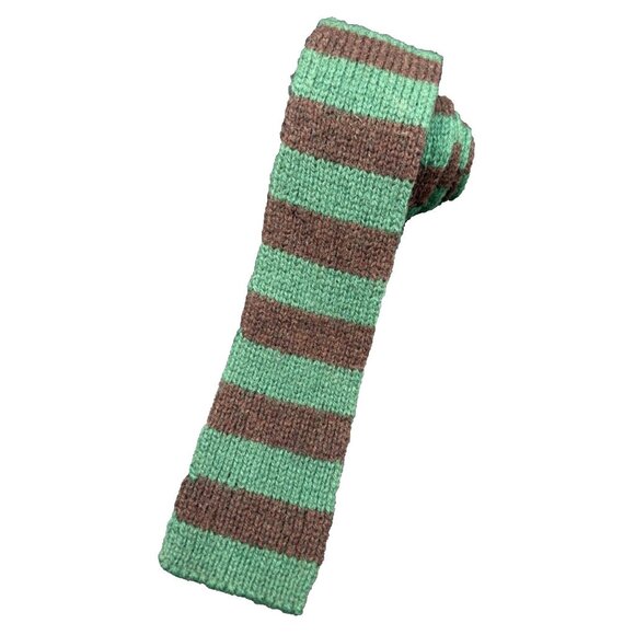 Square Tip Wool Men's Tie Rugged Knitted Skinny Green Brown Stripes Winter GUC - Picture 1 of 6